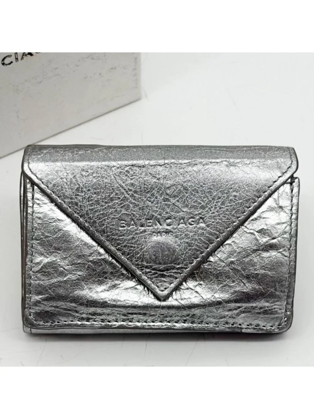 Balenciaga Paper Mini Silver Trifold Compact Wallet